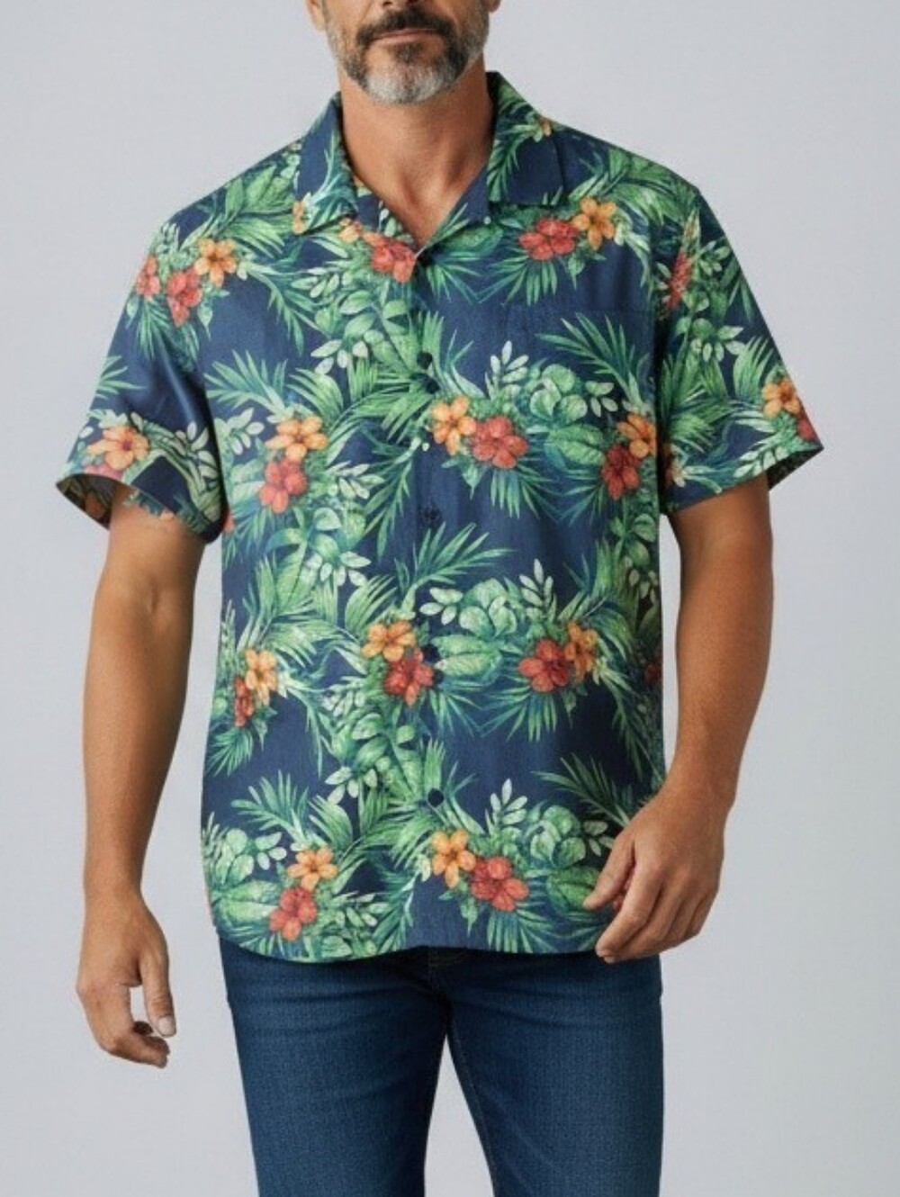 Tommy Bahama Island Zone Blue Tropical Floral Camp Shirt with Orange Accents